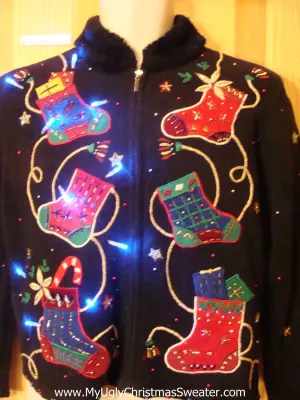 Tacky Light Up Christmas Sweater Furry Collar Cheesy Stockings