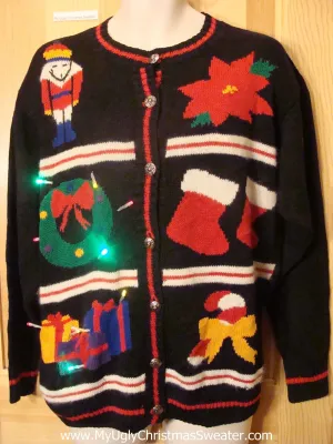 Tacky Light Up Christmas Sweater Poinsettia Nutcracker, Colorful Lights