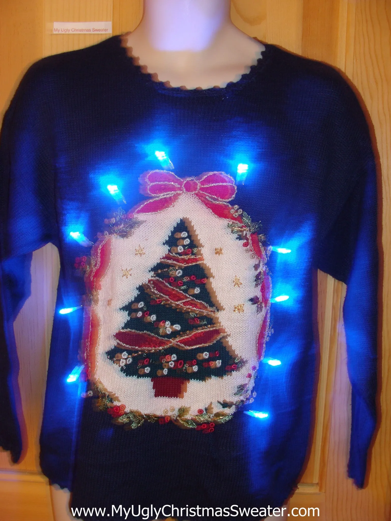 Tacky Light Up Christmas Sweater Pullover Tree and Red Bow