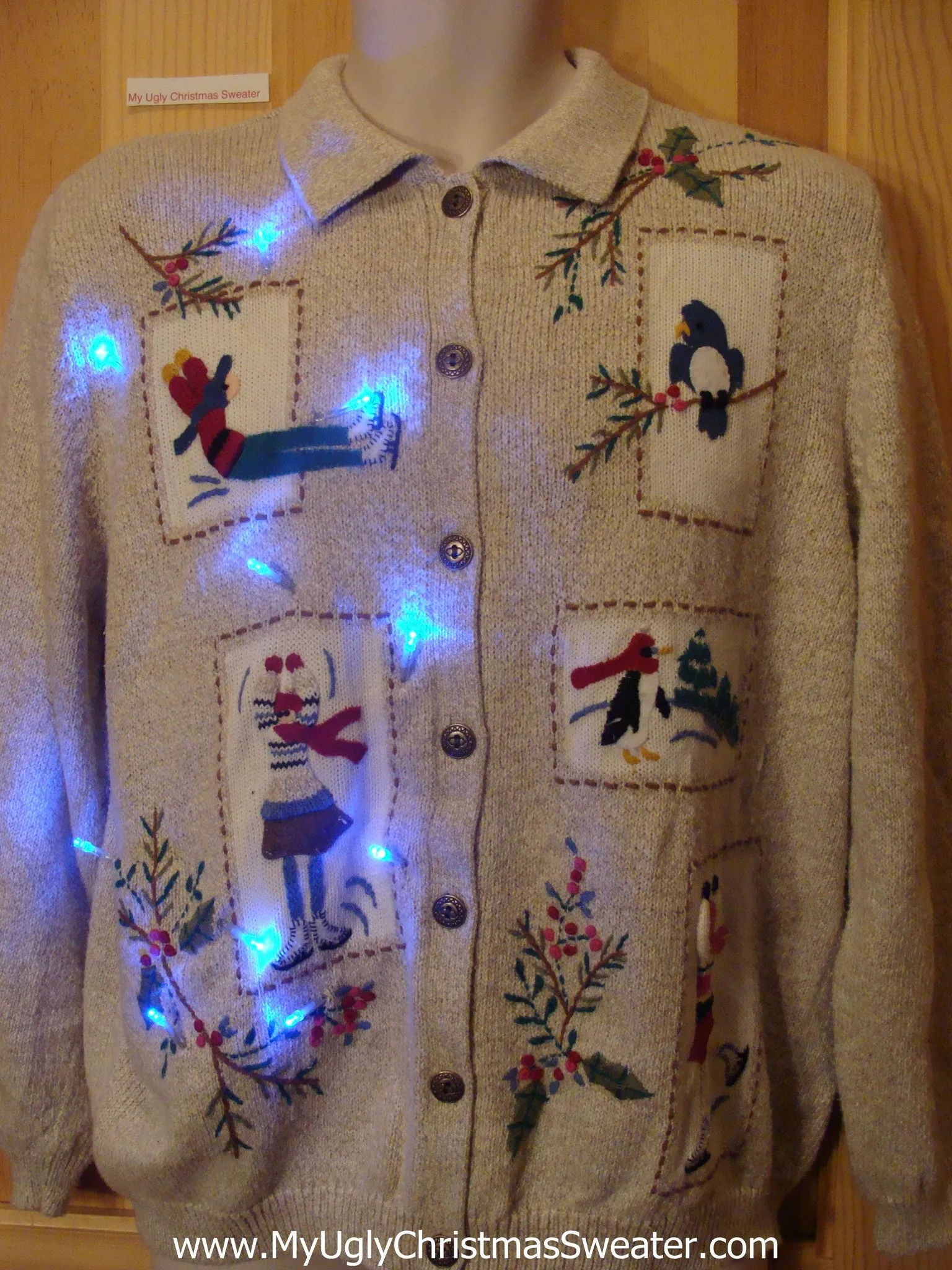 Tacky Light Up Christmas Sweater Skating Children, Bird, Penguin