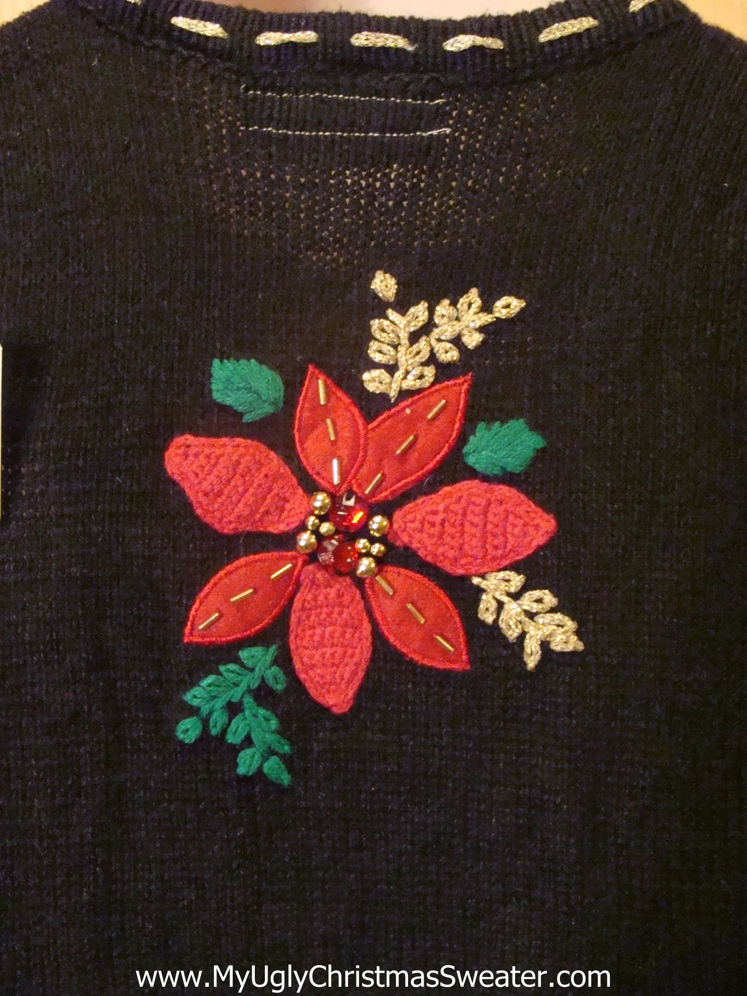 Tacky Light Up Christmas Sweater Vest Red Poinsettias Horrible Fringe