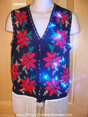 Tacky Light Up Christmas Sweater Vest Red Poinsettias Horrible Fringe