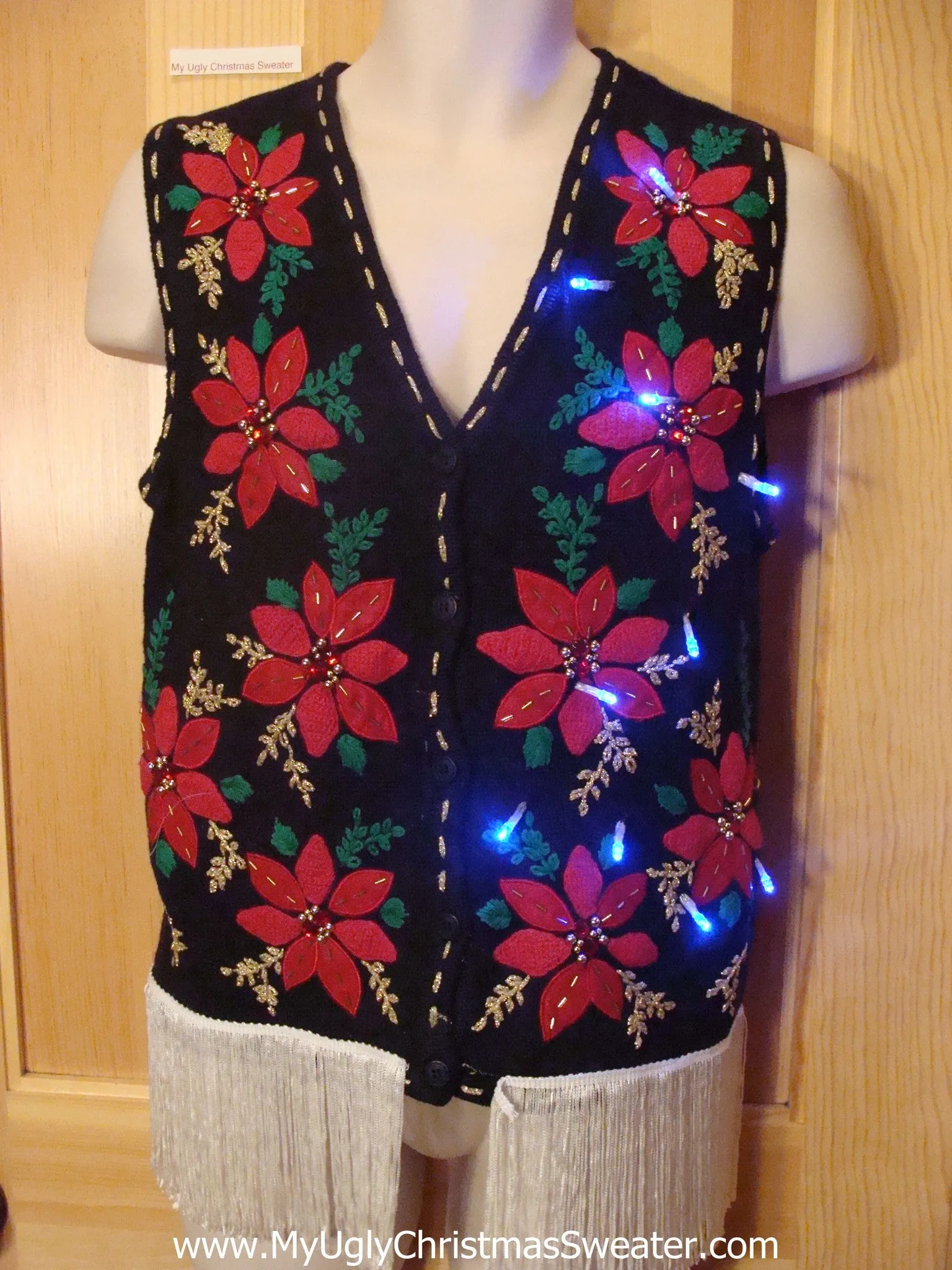 Tacky Light Up Christmas Sweater Vest Red Poinsettias Horrible Fringe