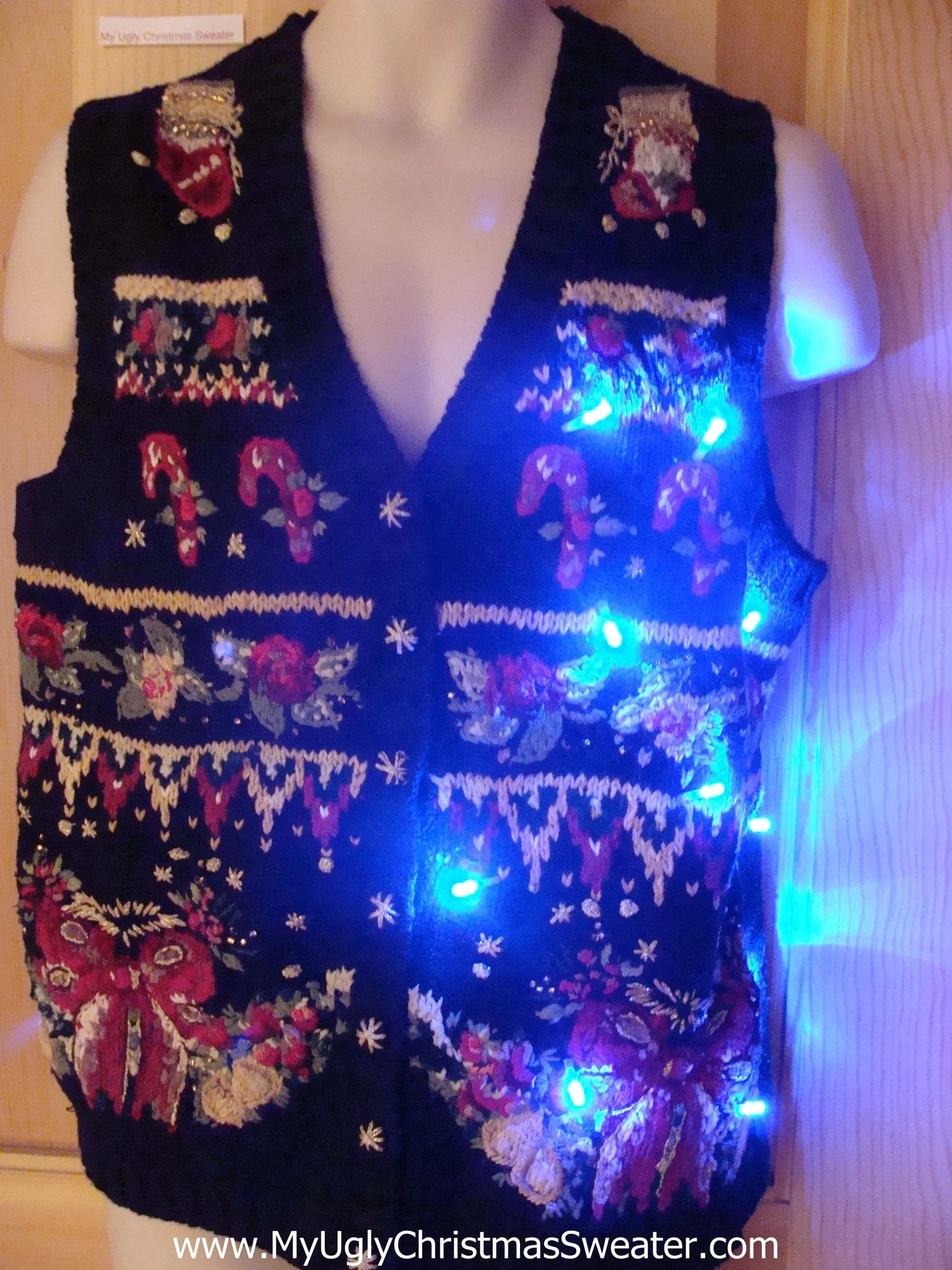 Tacky Light Up Christmas Sweater Vest with Cheesy Horrible Designs