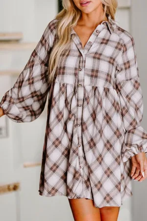 Take My Hand - Plaid Bubble Sleeve Shirt Dress