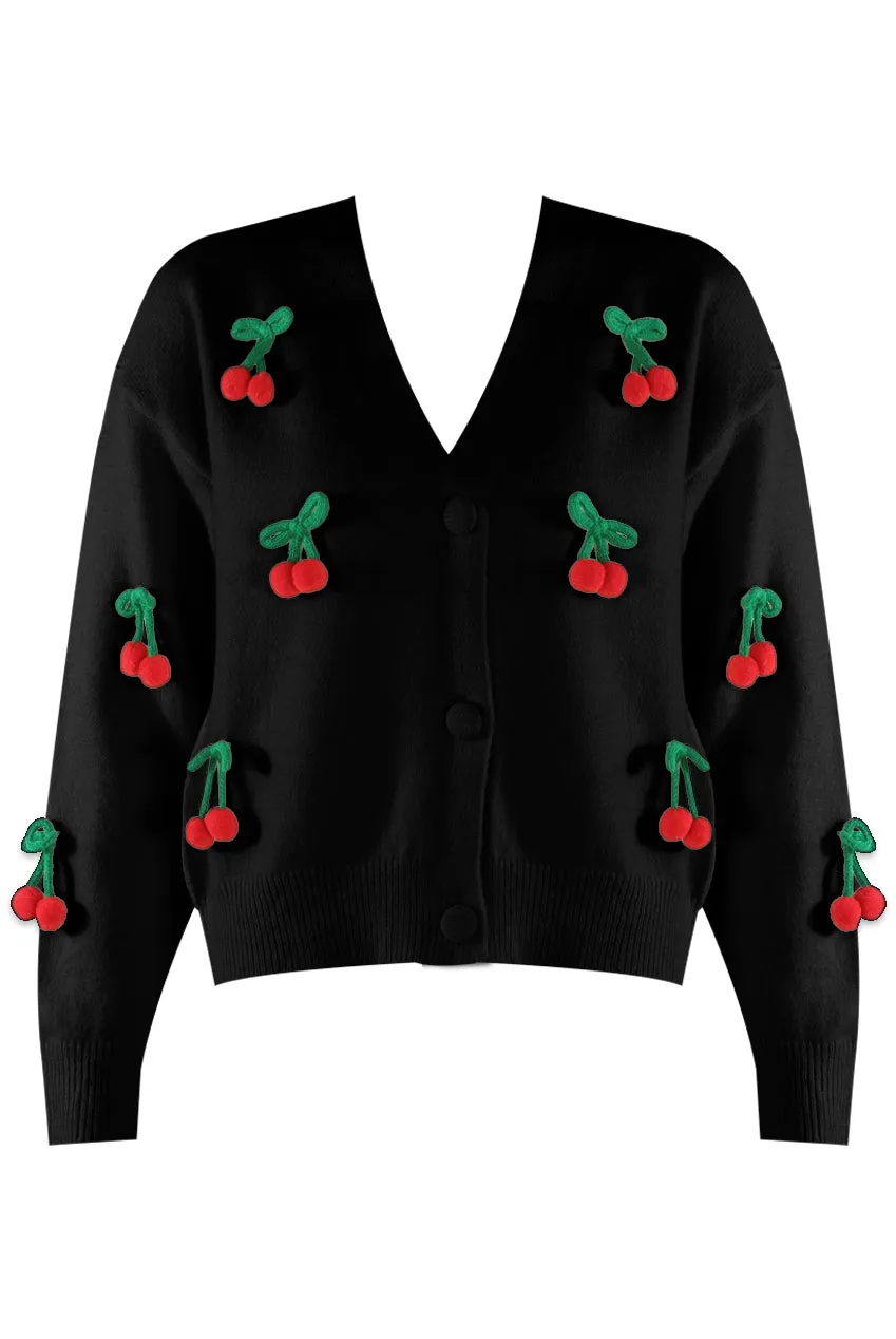 The Edit - 3D Cherry Pom Pom Knitted Cardigan