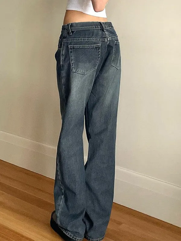 Wenkouban Vintage dark blue boyfriend jeans with washed effect