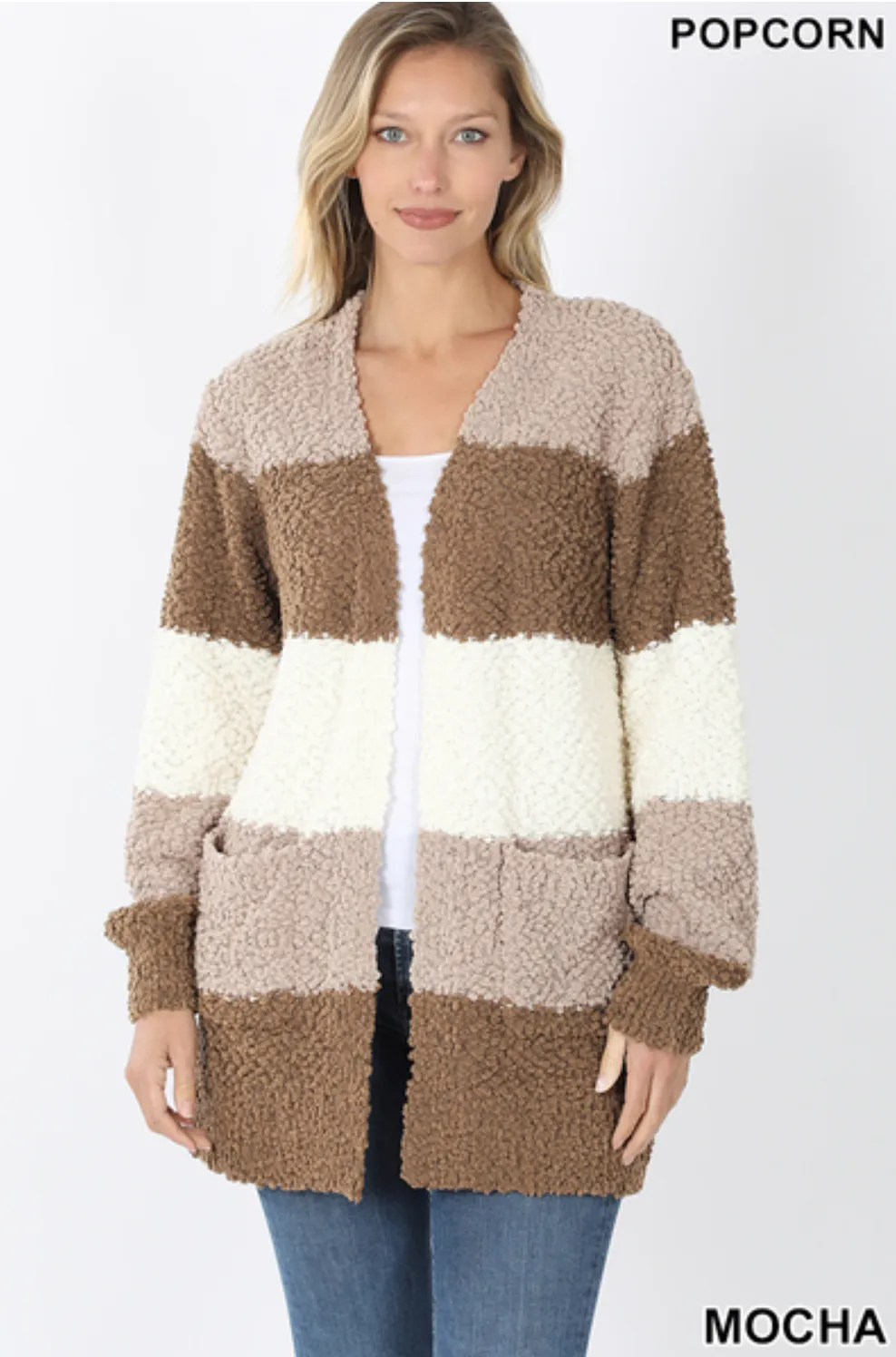 Wide Striped Popcorn Cardigan - Mocha Mix