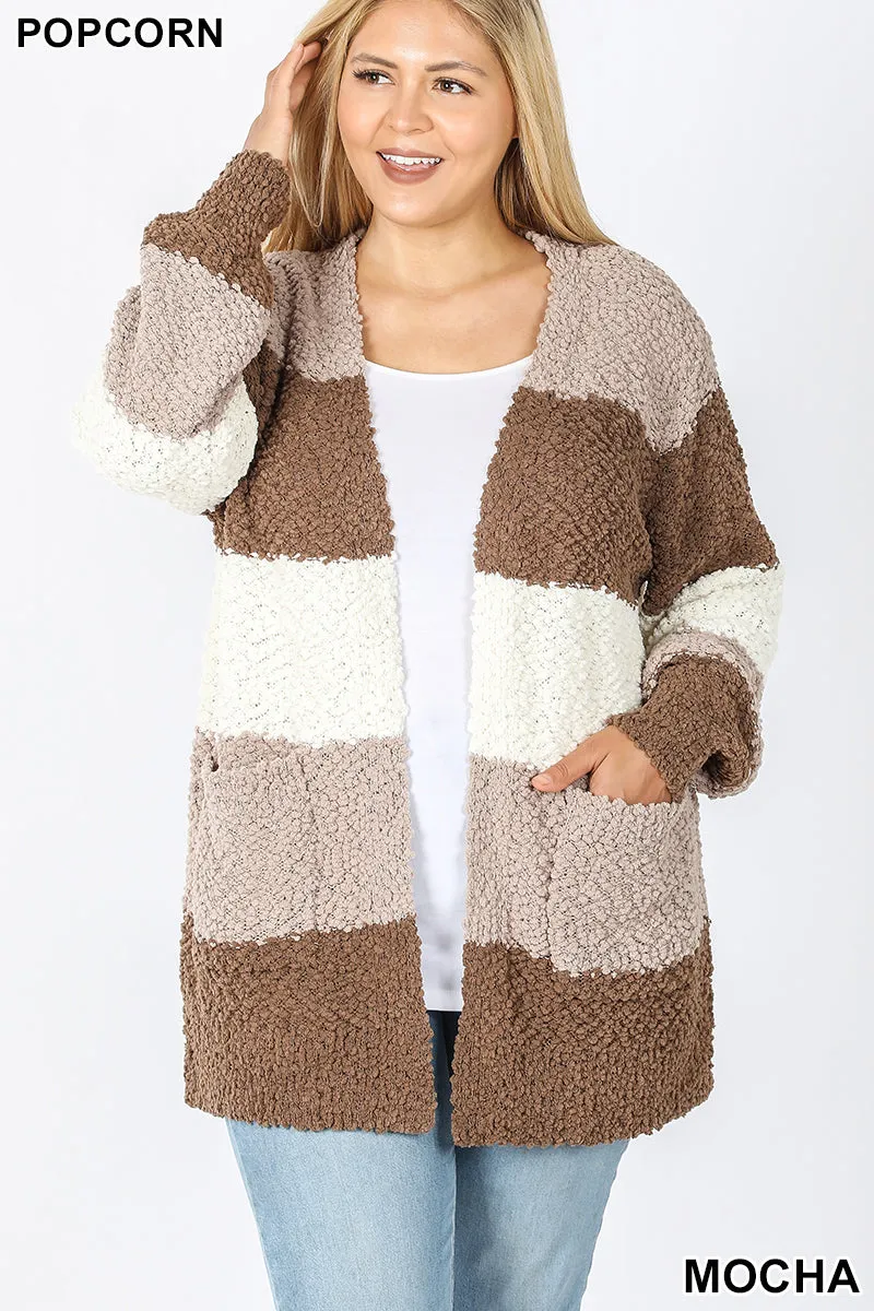 Wide Striped Popcorn Cardigan - Mocha Mix