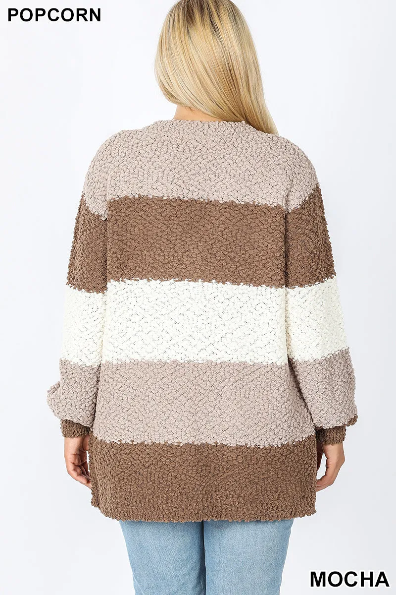 Wide Striped Popcorn Cardigan - Mocha Mix