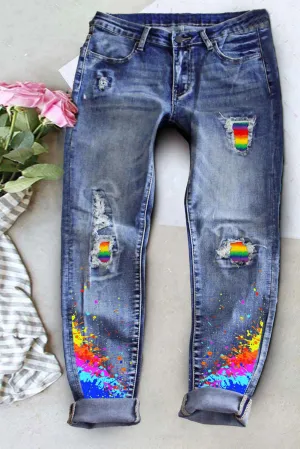 Women's Rainbow Ripped Jeans Boyfriend Skinny Distressed Denim Pants