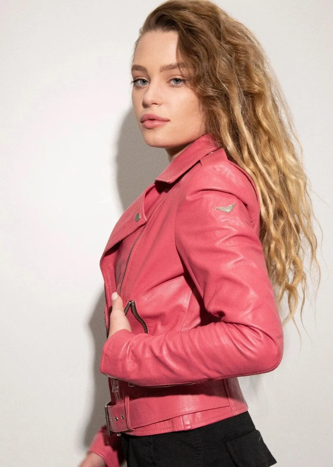 WOMENS STYLISH PINK BIKER LEATHER JACKET