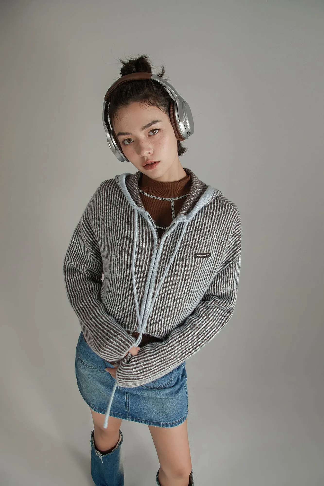 Zip-Up Hooded Knit Cardigan